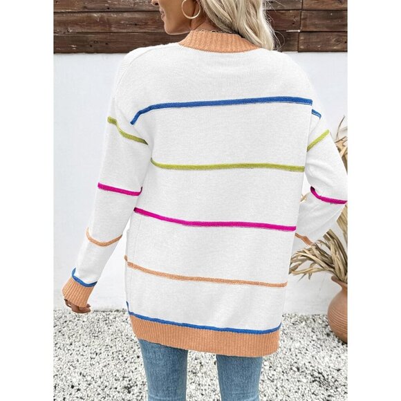 Women's Lightweight Knit Cardigan Open Front Long Sleeve Casual Striped Pockets - Picture 5 of 7